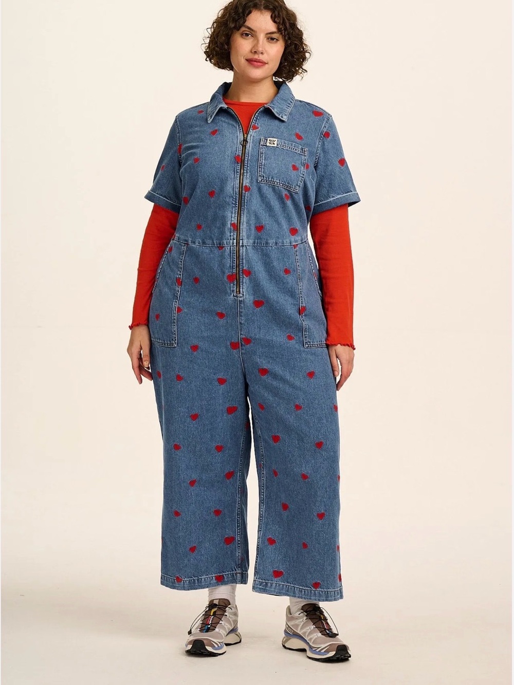 Lucy & Yak Ragan Denim Jumpsuit with embroidered cupid Hearts US 8 UK 12 - Picture 3 of 5